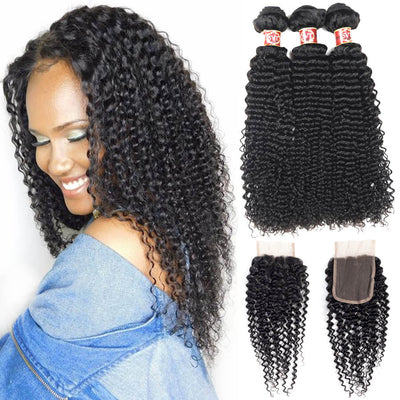 SVT Indian Hair Weave Middle/Free/Three Part Lace Closure With 3 Bundles Curly Human Hair - SVTHair