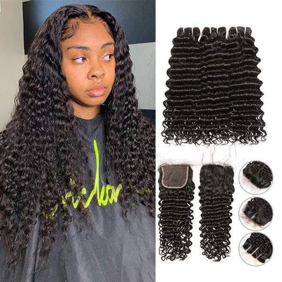 SVT Indian Hair Weave Free Part Lace Closure With 3 Bundles Deep Wave Human Hair - SVTHair