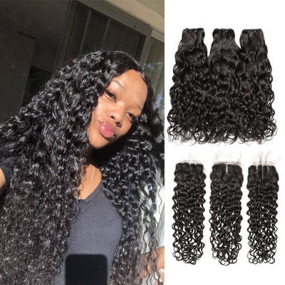SVT Indian Hair Weave Middle Part Lace Closure With 3 Bundles Water Wave Human Hair - SVTHair